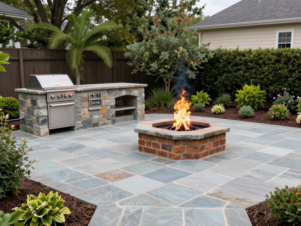 A beautiful stone patio made of natural flagstone, featuring a built-in outdoor kitchen and a brick fire pit, surrounded by elegant landscaping.