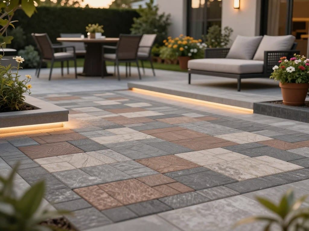 A beautifully designed custom patio installation featuring various types of pavers in an elegant, modern layout. In the foreground, showcase intricately arranged square and rectangular pavers in earthy tones of gray, brown, and beige, seamlessly integrated with soft outdoor lighting for a warm glow. The middle ground displays the patio space adorned with tasteful outdoor furniture, like a stylish dining set and comfortable lounge chairs, positioned to invite relaxation. In the background, include lush greenery and blooming flowers, enhancing the fresh, vibrant atmosphere. The scene is captured during the golden hour, with soft, diffused natural light creating inviting shadows, rendered with a slight tilt-shift effect for depth. The overall mood is serene and inviting, reflecting the beauty of outdoor living spaces.