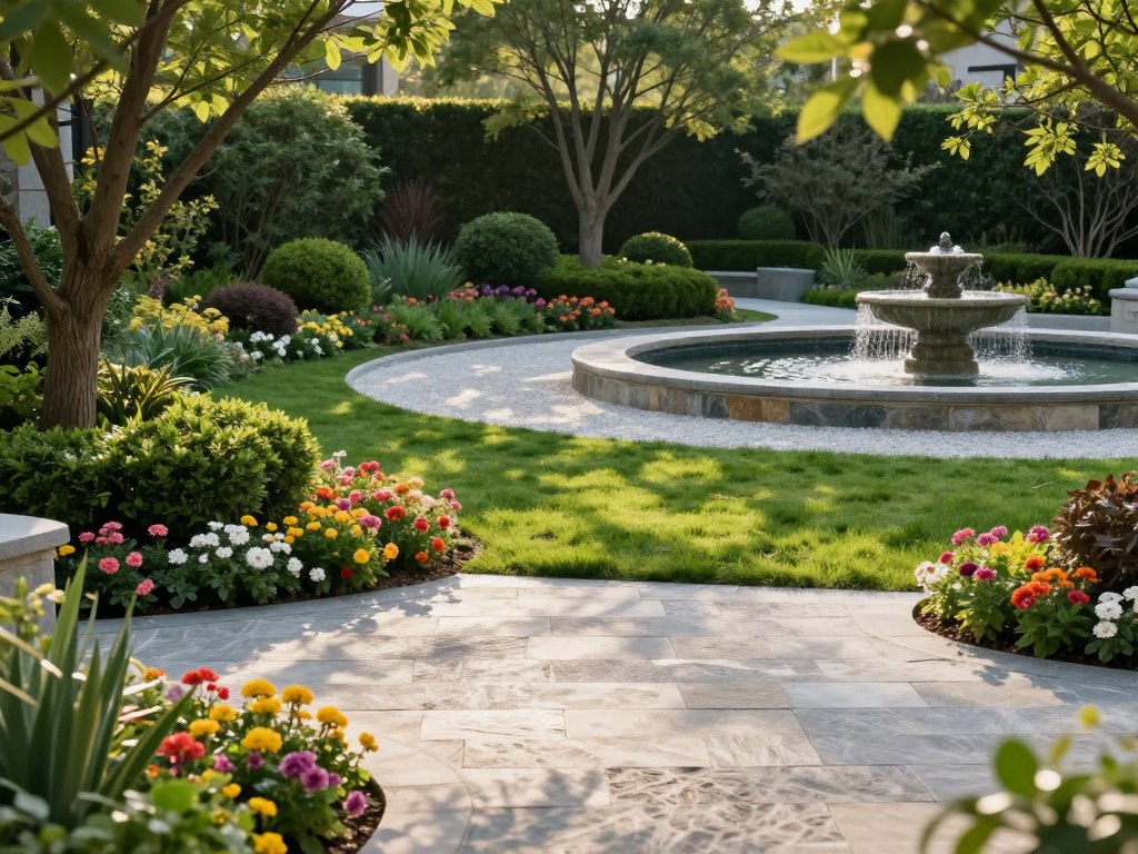 A beautifully designed landscape showcasing the harmony between hardscape and softscape elements. In the foreground, a stylish stone patio with various textures, surrounded by vibrant flower beds featuring colorful blossoms. In the middle ground, a carefully manicured lawn transitions into a gravel path that winds through lush greenery, with neatly trimmed hedges and mature trees providing shade. The background features a serene water fountain and sculptural elements, integrating both hard materials like stone and soft features like flowering shrubs, echoing the balance of nature and design. Soft, warm sunlight filters through the leaves, casting gentle shadows, creating a tranquil and inviting atmosphere. The scene captures a modern yet natural aesthetic, with a slightly elevated angle for a comprehensive view of the landscape arrangement.