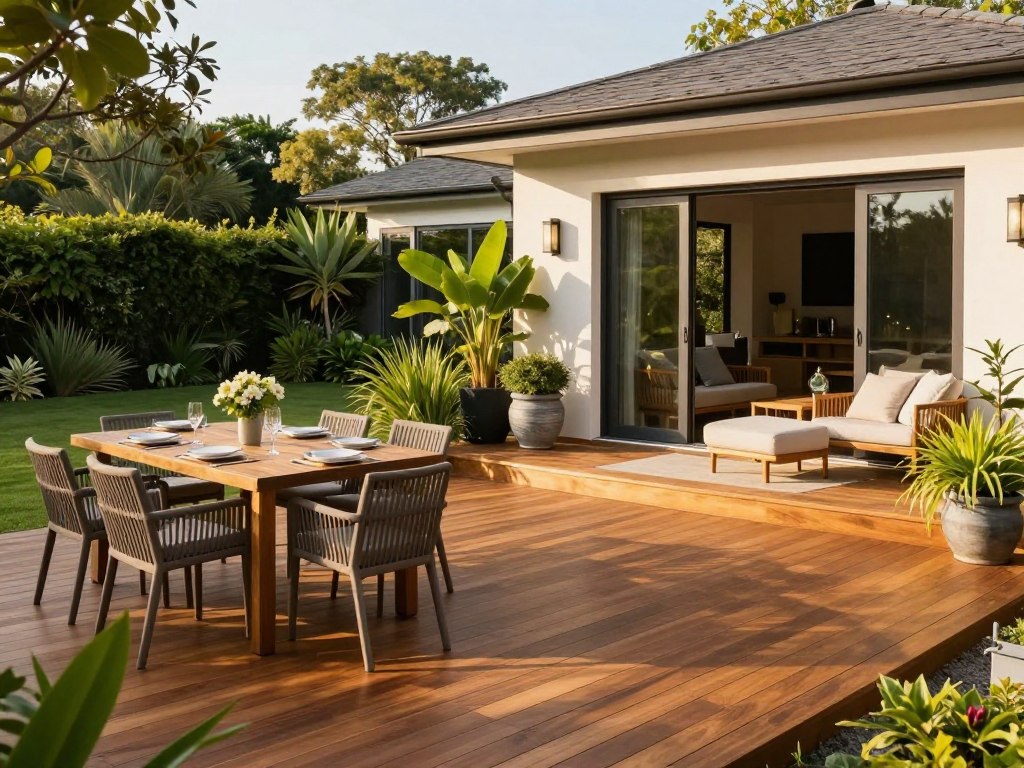 A beautifully designed outdoor deck seamlessly connected to a contemporary home. In the foreground, showcase a spacious, inviting deck made of polished hardwood, with a stylish outdoor dining set featuring elegant tableware. The middle ground displays lush green plants in decorative planters and a cozy lounge area with plush seating and soft cushions, ideal for relaxation. In the background, a modern home with large glass sliding doors opens up to the deck, allowing natural light to flood in. The scene is bathed in warm, golden afternoon sunlight, enhancing the vibrant colors of nature. Capture this scene from a slightly elevated angle, emphasizing the deck's layout and the harmonious integration with the surrounding environment. The overall mood is serene and welcoming, perfect for outdoor living.