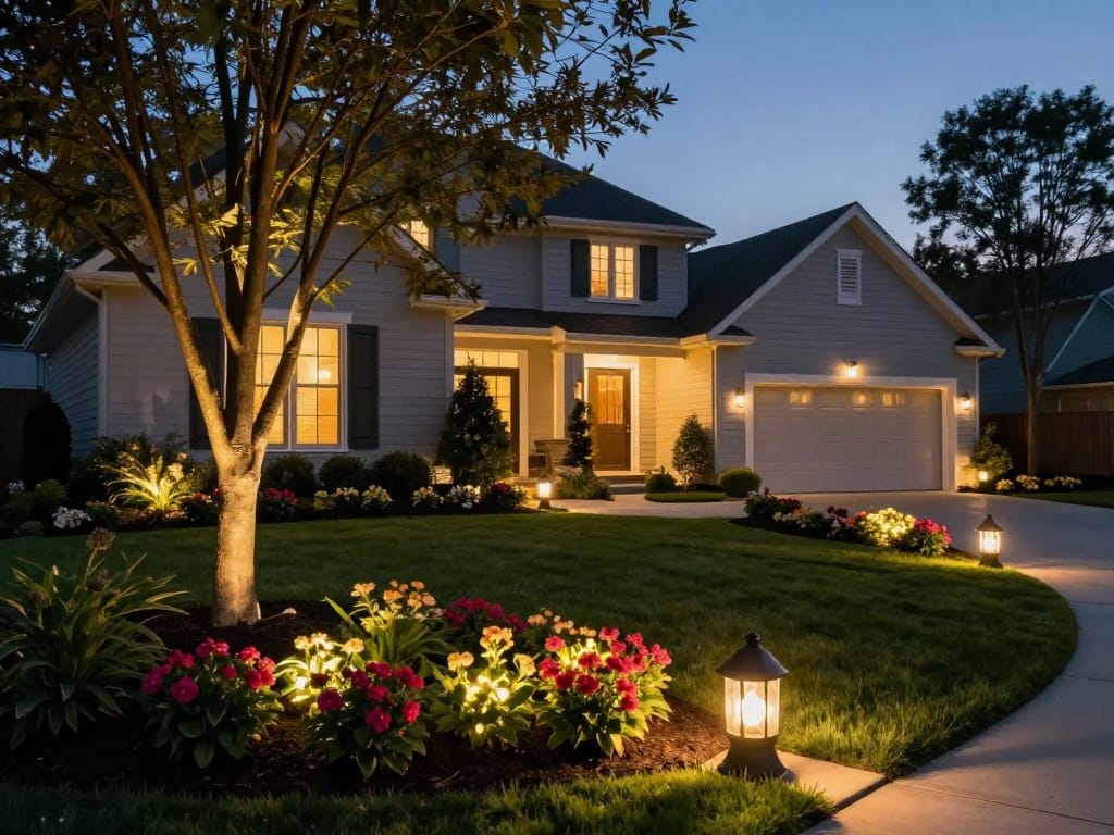A beautifully lit suburban home in the evening, showcasing elegant landscape lighting that enhances curb appeal. In the foreground, charming flower beds with low-voltage LED lights illuminating vibrant blossoms. The middle ground features a well-maintained lawn accentuated by decorative lanterns and uplights highlighting majestic trees and bushes, creating depth. In the background, a serene driveway is softly aglow with pathway lights guiding the way to the inviting entrance. The atmosphere is warm and welcoming, capturing the magic of twilight. The scene should convey tranquility and elegance, utilizing soft lighting that casts gentle shadows, with a focus on the luminous effects and composition that draw the eye naturally to the home. The perspective is slightly angled, capturing a balanced view of the setting.