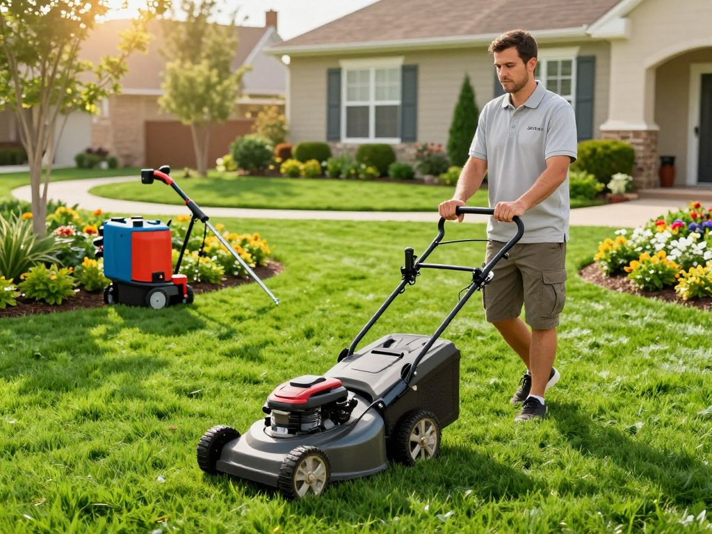 A beautifully manicured residential lawn in vibrant hues of green, featuring fresh turf and neatly edged flower beds. In the foreground, a professional lawn care technician in a modest, branded polo shirt and cargo shorts is using a high-quality lawn mower, showcasing precision and attention to detail. The middle ground includes a variety of lawn care equipment, such as a fertilizer spreader and a weed trimmer, arranged neatly. In the background, a picturesque suburban home complements the lush lawn, basking under soft, warm sunlight that creates a serene and inviting atmosphere. The overall mood conveys professionalism and the benefits of expert lawn care, emphasizing the transformation and maintenance of a vibrant residential landscape. The angle captures the entire scene from a slightly elevated perspective for depth.