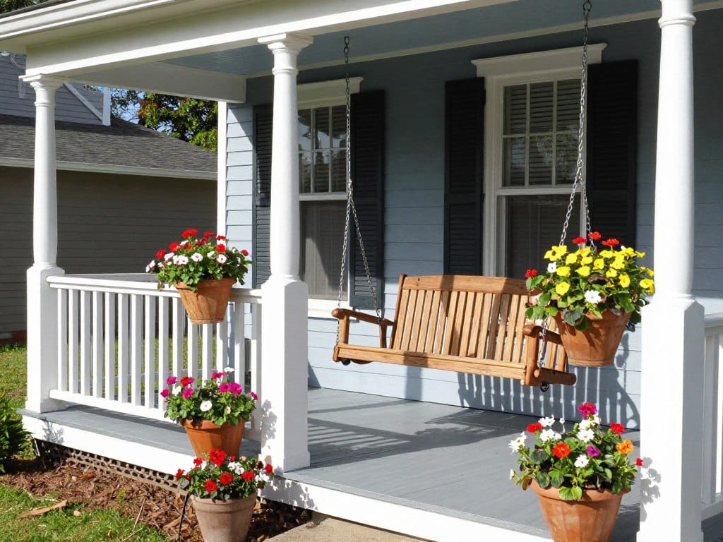A classic American front porch with a white railing, a wooden swing, and several flower pots, showing high curb appeal under bright sunlight.