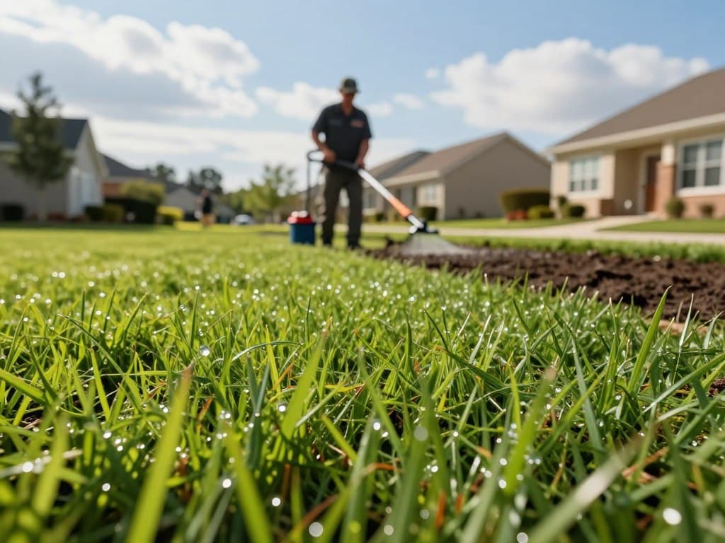 A close-up foreground featuring a clear, detailed spread of freshly hydroseeded grass, showing vibrant green blades and droplets of water glistening in the sunlight. In the middle ground, a worker in professional attire, using a hydroseeding machine, carefully applies the seed mixture over a prepared lawn area. The background consists of a suburban landscape with well-maintained homes and tidy gardens, under a bright blue sky with soft, fluffy clouds. The scene is bathed in warm, natural lighting, showcasing a peaceful, outdoor atmosphere, perfect for illustrating the affordability and effectiveness of hydroseeding as a lawn care option. The focus is sharp, capturing the texture of the grass and the equipment in use, inviting viewers to consider the investment in their own yards.