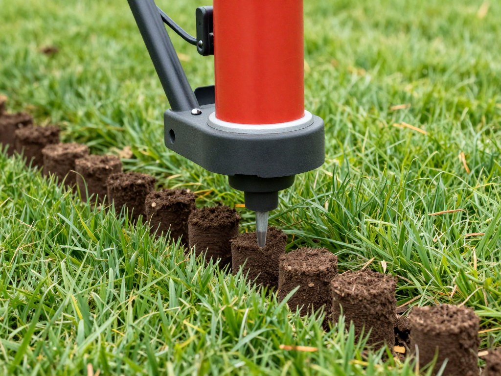 A close-up of a core aerator machine removing cylindrical soil plugs from a green residential lawn.