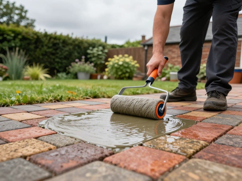 A close-up view of a professional applying a high-quality sealing product to vibrant paver stones in Ludlow, showcasing textured bricks in various earthy tones. The foreground features a glistening layer of sealant being expertly spread with a roller, while the middle ground captures a lush green garden surrounding the patio area, enhancing the contrast with the colorful pavers. In the background, a cloudy sky is visible, illustrating the typical weather conditions of Ludlow, hinting at the importance of sealing for durability. The scene is illuminated by diffused natural light, giving a calm and professional atmosphere, and shot from a slightly elevated angle to emphasize the paver surface. The worker, dressed in a smart, casual outfit, demonstrates focus and care in their task, ensuring a safe for work portrayal.