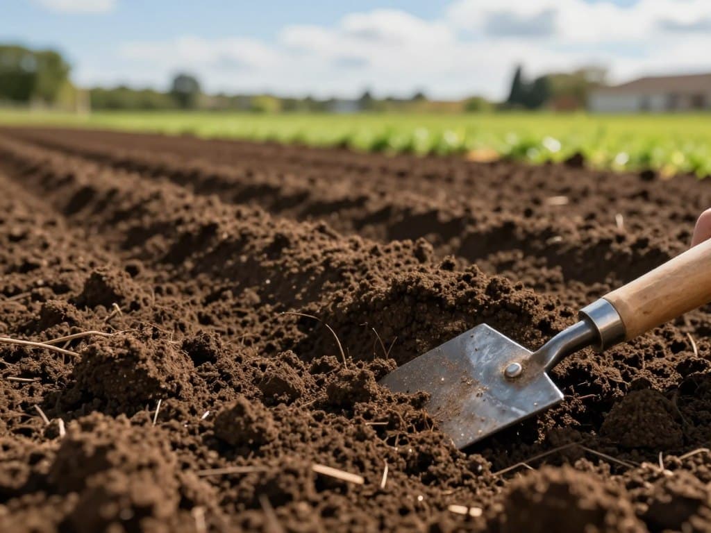 A close-up view of freshly graded soil ready for lawn installation, showcasing a textured surface of rich, dark earth with subtle moisture glistening in the sunlight. In the foreground, a handheld soil leveling tool rests on the ground, highlighting the meticulous care in preparation. The middle ground features neatly framed sections of graded soil, sloping gently, ensuring proper drainage. The background consists of a blurred landscape of vibrant green grass and a clear blue sky with soft, scattered clouds. The lighting is warm and inviting, accentuating the soil's health, evoking a sense of readiness and enthusiasm for lawn renovations. The atmosphere is calm and focused, embodying the precision needed for successful lawn preparation.