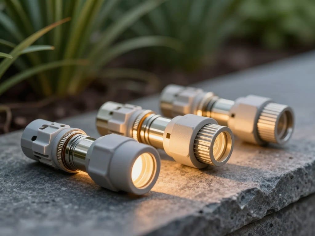A close-up view of weatherproof landscape lighting connectors, prominently displayed in the foreground, showcasing their durable construction and waterproof casing. The connectors are arranged neatly on a textured outdoor surface, possibly slate or natural stone, with lush greenery subtly blurred in the background, hinting at a beautifully landscaped garden or yard setting. Soft, warm lighting creates a serene atmosphere, highlighting the connectors' features while casting gentle shadows. A low-angle perspective captures the connectors from a slightly elevated position, emphasizing their functionality and design. This image evokes a sense of reliability and quality, perfect for showcasing best practices in landscape lighting installation.