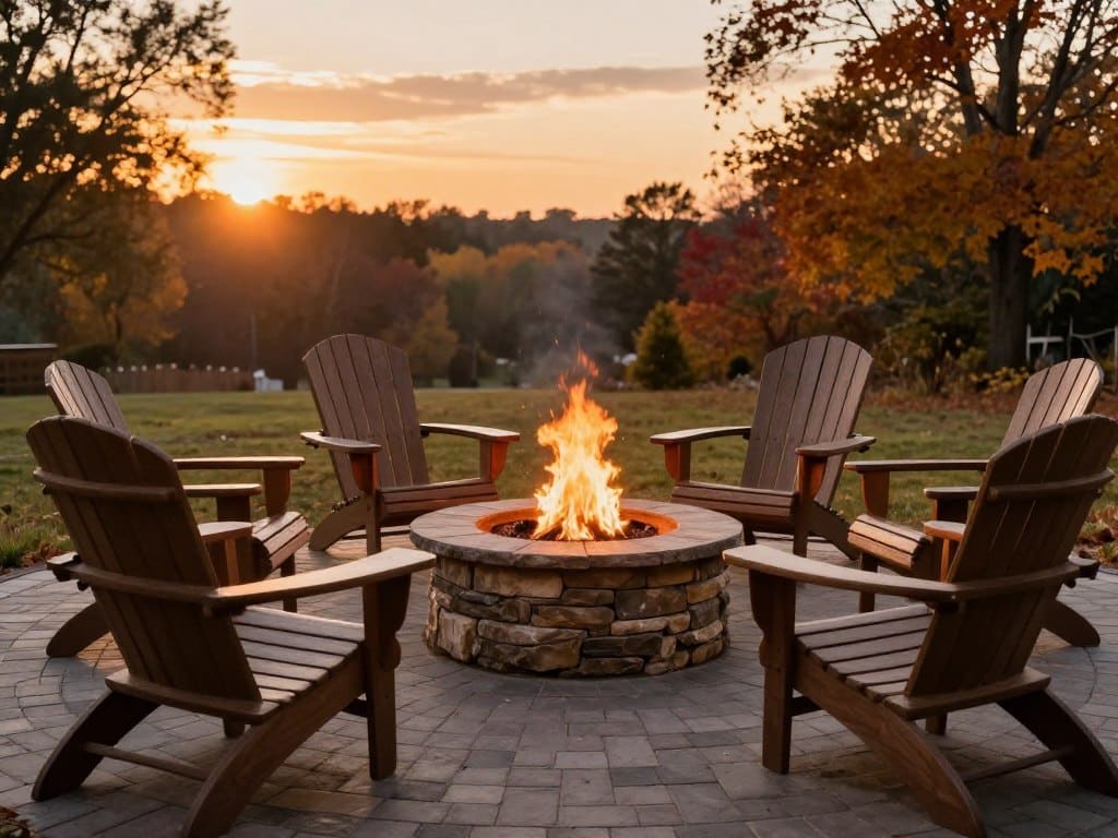 A cozy stone fire pit surrounded by Adirondack chairs on a paver patio during a crisp autumn sunset.