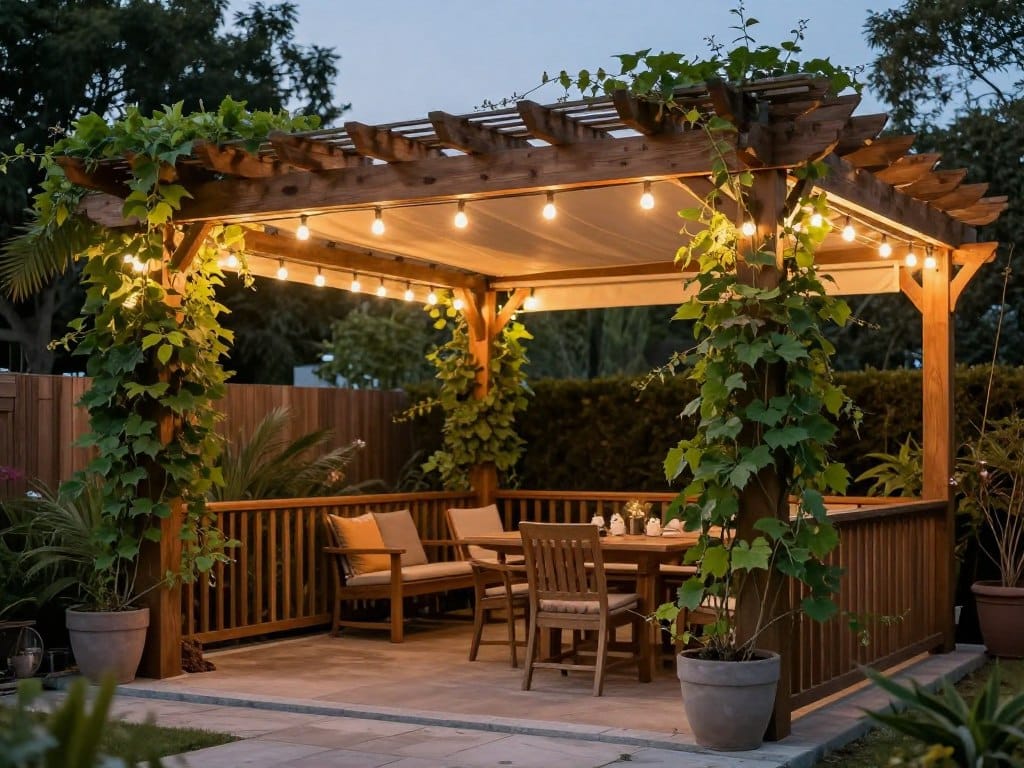 A custom cedar pergola over a patio, featuring a retractable white canopy, climbing green vines, and warm string lights at dusk.