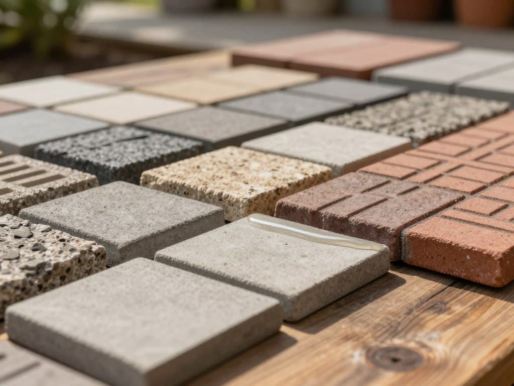 A detailed close-up view of various types of paver materials arranged artistically on a rustic wooden surface. In the foreground, showcase a range of textures, including smooth concrete pavers, rough natural stone, and patterned brick, each labeled with subtle variations in color and pattern. The middle ground features a light sheen of a clear sealant being applied to a section of the pavers, emphasizing their protection needs. In the background, softly blurred paver designs create a cohesive outdoor space, hinting at a garden or patio setting. Warm, natural lighting casts soft shadows, enhancing the intricate details of the pavers. The overall atmosphere is inviting and professional, perfect for an informational article on paver materials.