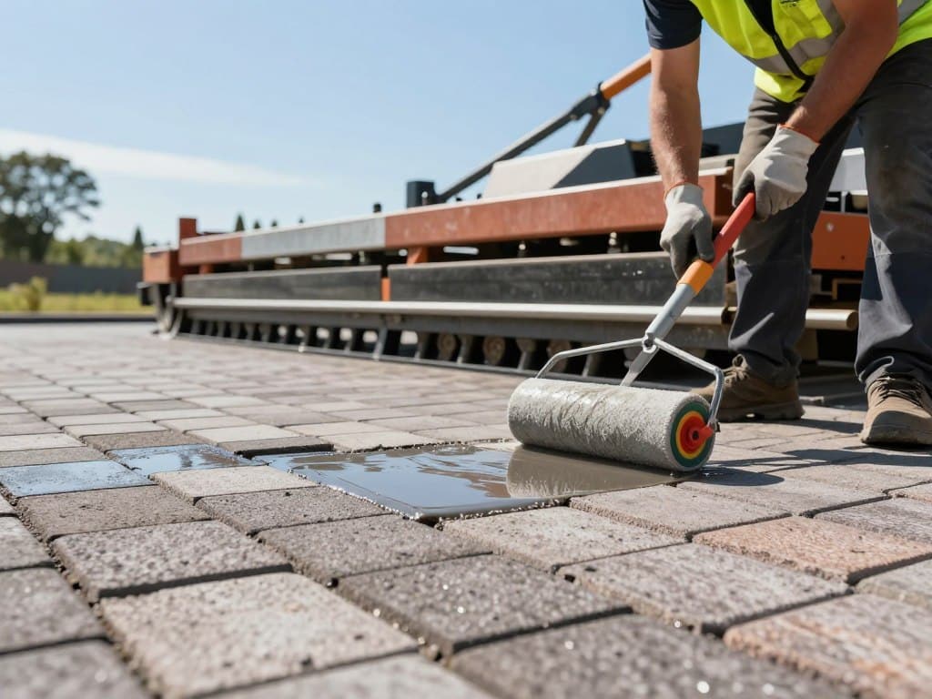 A detailed depiction of the paver sealing process in action. In the foreground, a professional worker wearing a safety vest and gloves is applying a clear sealant to freshly laid pavers with a roller. The middle layer features rows of neatly arranged pavers, showcasing their texture and color, while some areas are still wet from the sealant. In the background, a bright blue sky indicates a sunny day, and a few trees provide a natural setting, enhancing the tranquility of the scene. Soft, even lighting highlights the sheen of the newly sealed pavers, creating a polished look. The angle captures the action from a low perspective, drawing the viewer into the sealing process while maintaining a clean and organized appearance.