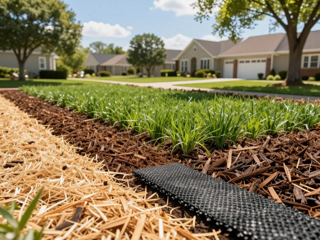 A detailed illustration showcasing various types of hydroseeding mulches spread across a landscaped yard. In the foreground, depict examples of different mulch types, such as cellulose, wood fiber, and turf reinforcement mats, each with distinct textures and colors. The middle ground features a freshly hydroseeded area with vibrant green grass starting to emerge, illustrating the application of the mulches. In the background, include a serene suburban environment with well-maintained houses and mature trees under a bright blue sky, allowing light to filter softly through the leaves. Capture the essence of a warm, sunny day that conveys a sense of tranquility and growth, using a wide-angle lens for an immersive perspective.