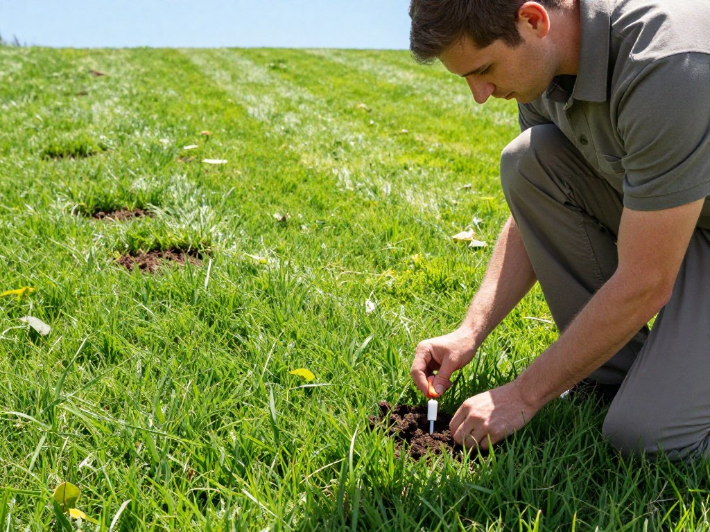 A detailed scene depicting a professional lawn condition assessment in a lush, vibrant green yard. In the foreground, a landscape technician dressed in smart casual attire, kneels on the grass, examining a patch of soil with a soil testing kit. He has a focused expression as he inspects the grass. In the middle ground, a well-maintained lawn showcases different shades of green, interspersed with healthy, flourishing grass and a few patches of struggling spots. In the background, a clear blue sky provides natural lighting, highlighting the textures of the grass. Soft sunlight casts gentle shadows, creating a warm and inviting atmosphere, emphasizing the importance of lawn care and the science behind hydroseeding solutions. The image is captured from a slightly elevated angle to encompass both the technician and the lawn.