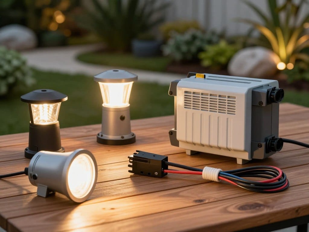 A detailed view of various low voltage landscape lighting components, including path lights, accent lights, and transformer units, arranged neatly on a wooden table. In the foreground, showcase a close-up of a stylish LED path light, emphasizing its sleek design and warm glow. In the middle ground, integrate a high-quality transformer and low voltage wiring, demonstrating the installation process. The background features a softly illuminated garden with lush plants and decorative stones, enhancing the ambiance. The lighting should be warm and inviting, conveying a cozy evening atmosphere. Use a shallow depth of field to focus on the components while gently blurring the garden scenery, creating a professional and informative mood that highlights the beauty and functionality of low voltage landscape lighting.