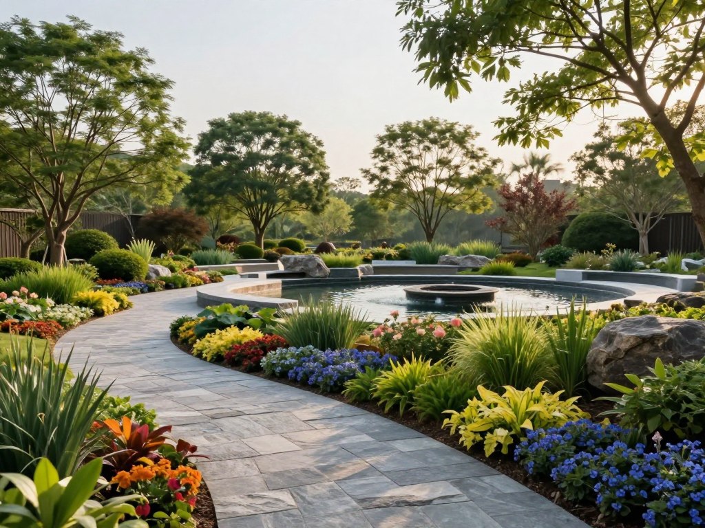 A harmonious landscape design showcasing the balance between hardscape and softscape elements. In the foreground, textured stone pathways wind through meticulously arranged colorful flower beds, with diverse plants and shrubs showcasing vibrant greens and seasonal blooms. The middle ground features a serene water feature surrounded by natural stone seating areas, inviting relaxation. In the background, mature trees provide dappled shade, framing a tranquil open sky. Soft, warm sunlight filters through, creating a serene atmosphere. The image should be captured with a wide-angle lens to emphasize depth, enhancing the spaciousness of the landscape. The overall mood is peaceful and inviting, highlighting the synergy of engineered and natural elements in outdoor design.