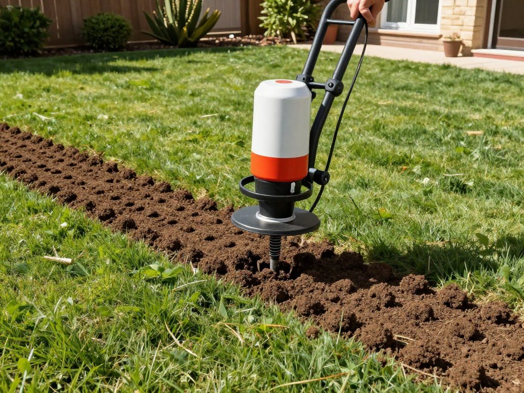 A high-angle photo of a professional core aeration machine removing small soil plugs from a residential backyard, showing consistent hole patterns on a sunny day, high resolution, realistic style.