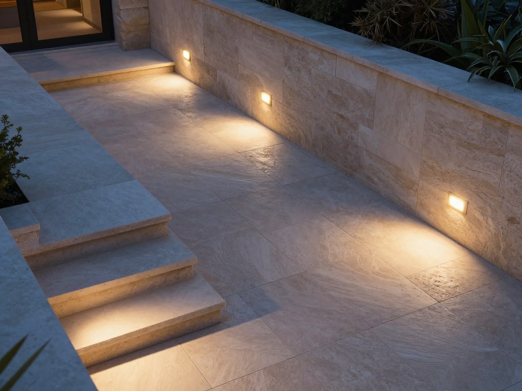 A high-angle shot of a luxury stone patio at dusk with recessed low voltage LED lights embedded in the stair risers and stone walls, casting a soft warm glow on the walkway, photorealistic style.
