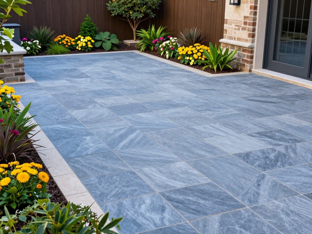 A high-end backyard featuring a premium thermal bluestone paver patio with clean lines and even texture, surrounded by lush summer landscaping, photorealistic style, 8k resolution.