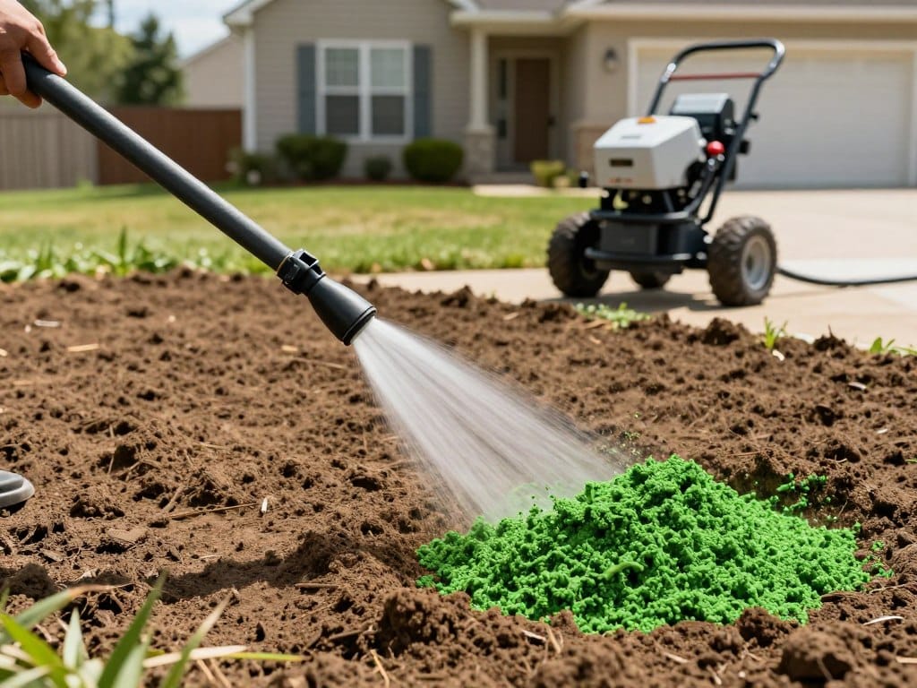 A high-pressure hose spraying a bright green mulch slurry onto a perfectly prepared dirt yard, with a professional hydroseeding machine in the background of a suburban home.