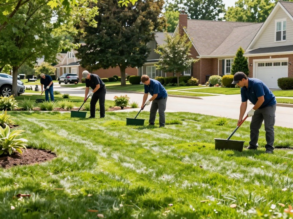 A high-quality image of a professional landscaping team providing comprehensive lawn care services on a lush, green American suburban property during a sunny afternoon.
