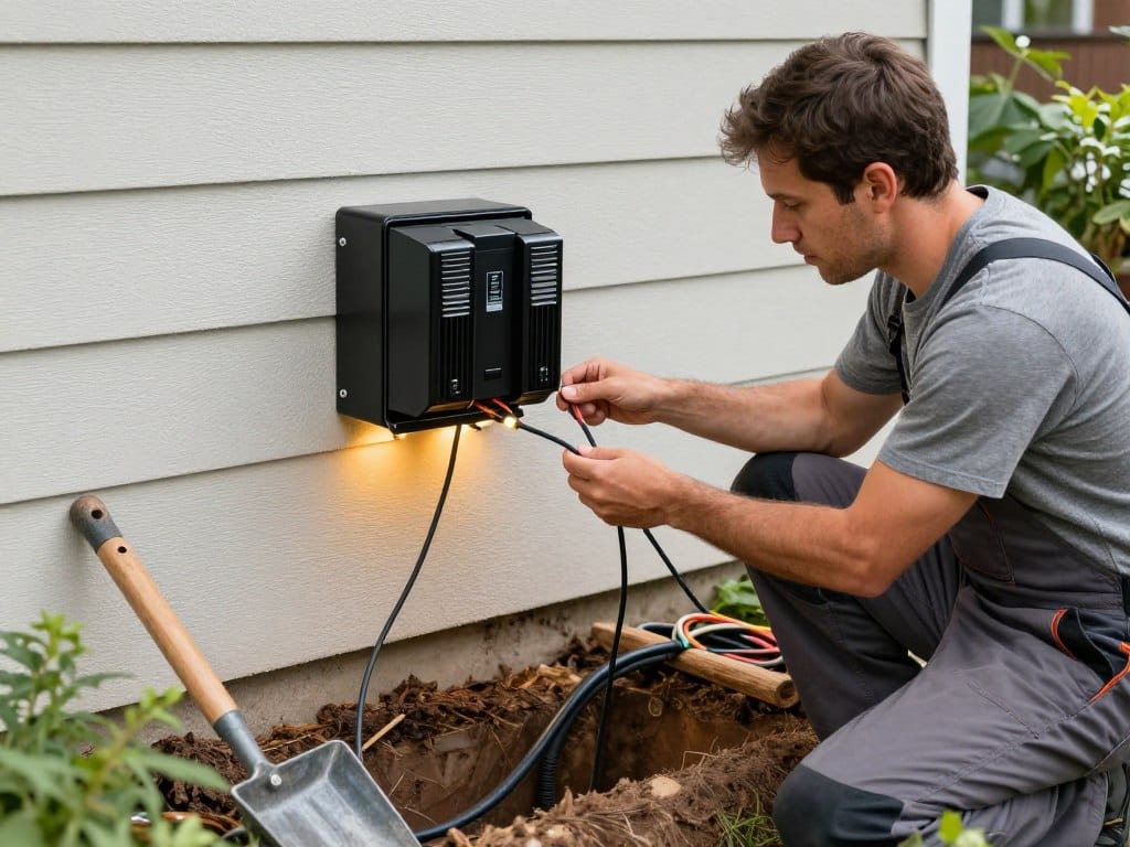 A high-quality photo of a DIY homeowner connecting low voltage landscape lighting wire to a black transformer mounted on an exterior wall, with garden tools and buried cable visible in a neat trench.