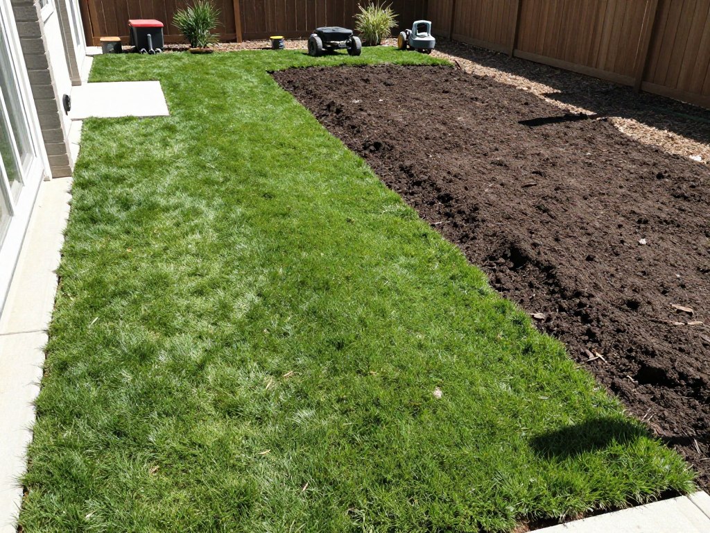 A high-quality photo of a residential backyard halfway through a renovation, showing one side with freshly unrolled green sod and the other side with dark, prepared soil ready for seeding, bright natural lighting, professional landscaping equipment in the background.
