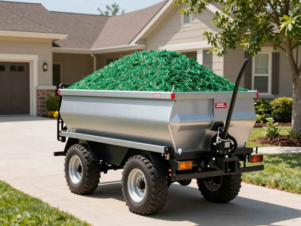 A high-quality photo of a residential driveway with a 300-gallon hydroseeder trailer being loaded with green mulch and seed, sunny day, professional landscaping equipment rental concept.