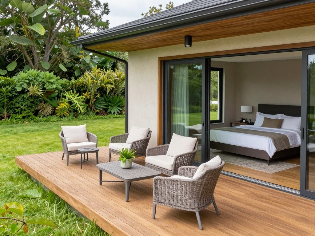 A high-quality photo of a wooden deck attached to a master bedroom with large sliding glass doors, featuring modern outdoor furniture and a view of a lush green lawn.
