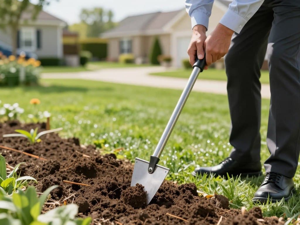 A high-quality, realistic photo of a professional landscaper in a bright green yard using a stainless steel soil probe to take a core sample, sunny day, residential suburban background, focused on the soil sample being pulled from the earth.
