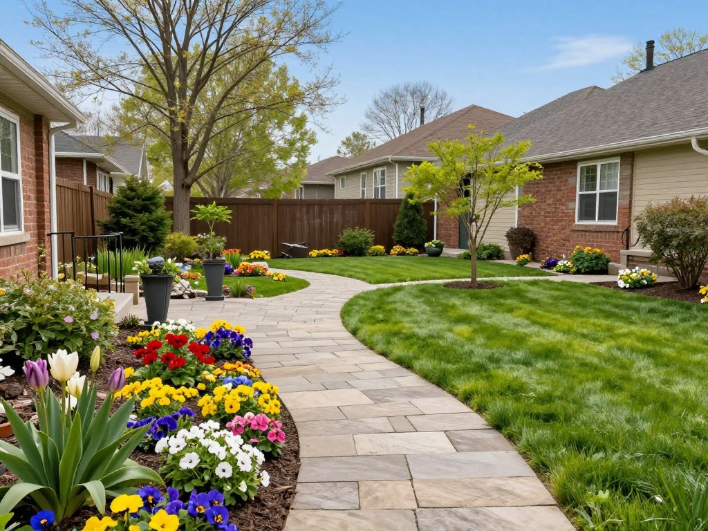 A high-resolution image of a vibrant suburban backyard in early spring, featuring blooming colorful flowers, a clean stone path, and a lush green lawn under a clear blue sky.