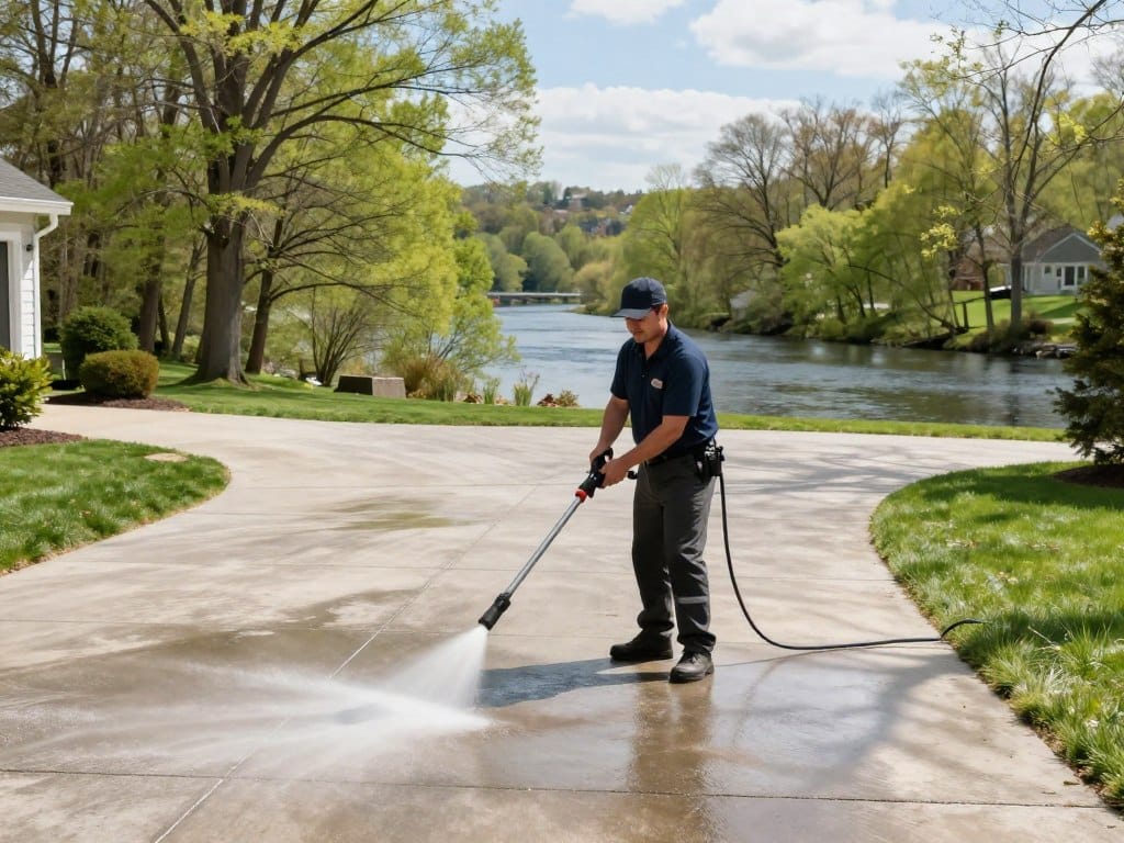A high-resolution photo of a professional pressure washing service cleaning a large residential concrete driveway in Ludlow, Massachusetts, with the Chicopee River and lush New England trees in the background during a clear spring day.