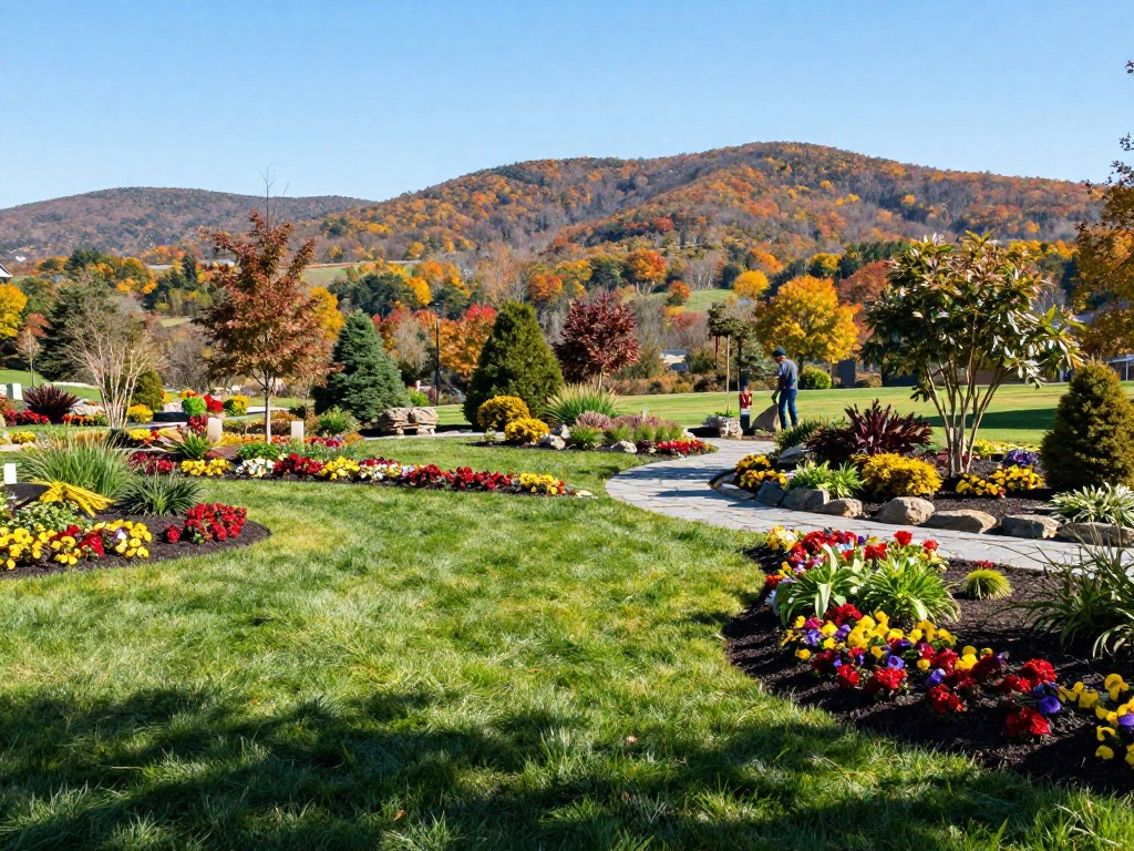 A landscape scene showcasing diverse landscaping projects suited to the Western Massachusetts climate, specifically in Ludlow. In the foreground, lush green grass fields are surrounded by vibrant flower beds with seasonal blooms in rich colors. A well-maintained stone pathway winds through the garden, leading to ornamental trees and shrubs. In the middle ground, a professional landscaper in modest casual clothing meticulously arranges plants under a bright blue sky, emphasizing the seasonal changes. In the background, gently rolling hills covered with autumn foliage create a stunning backdrop, hinting at the seasonal transition. Natural light casts soft shadows, enhancing the tranquil atmosphere of this suburban landscaping setting, with a wide-angle view to capture the expansive beauty of the area.