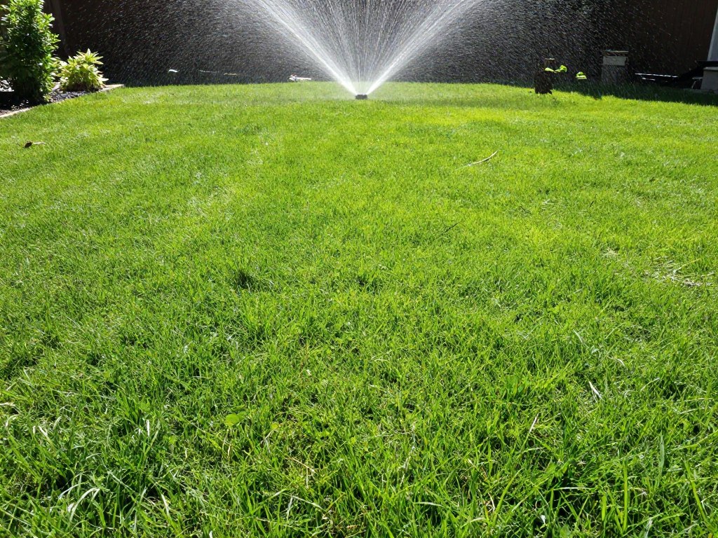 A lush, emerald green lawn recently seeded and growing evenly across a wide backyard, fine mist from a sprinkler system in the distance, vibrant natural colors.