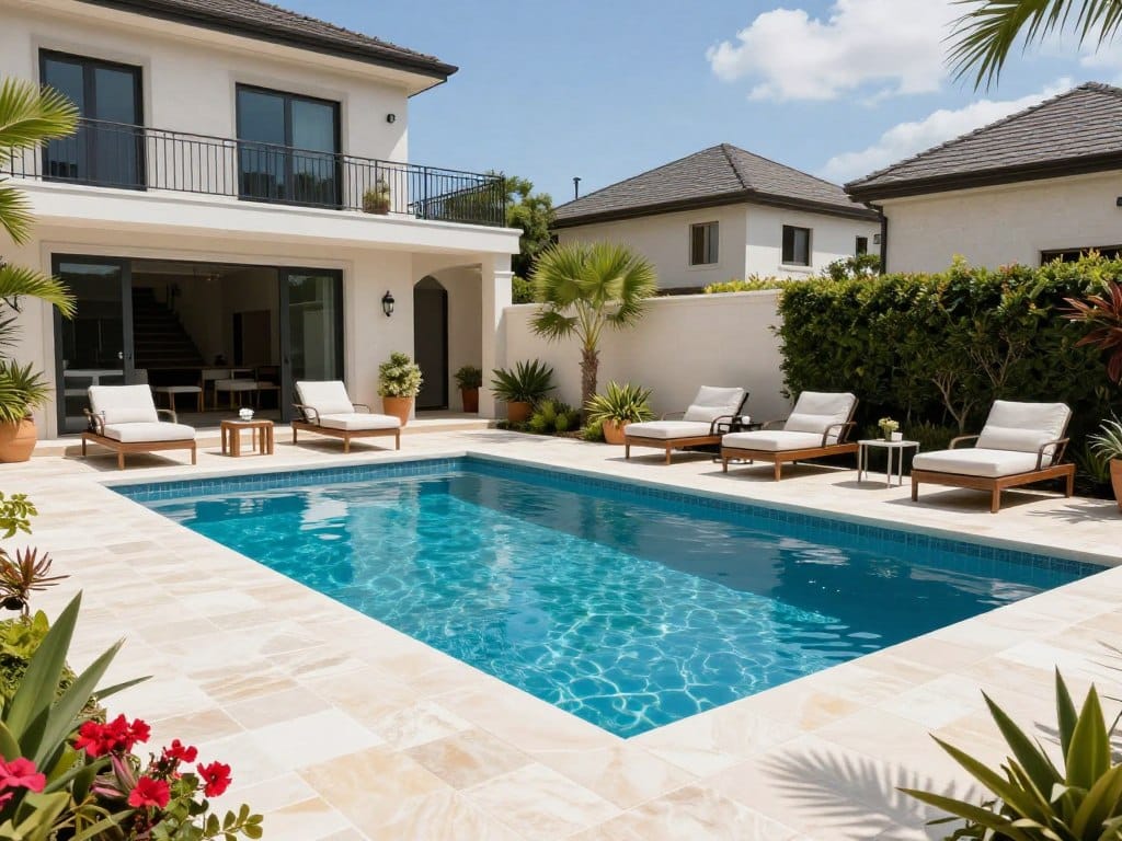 A luxurious residential backyard featuring a modern swimming pool with a premium stone deck, elegant lounge furniture, and lush landscaping during a bright sunny day, high-resolution architectural photography.