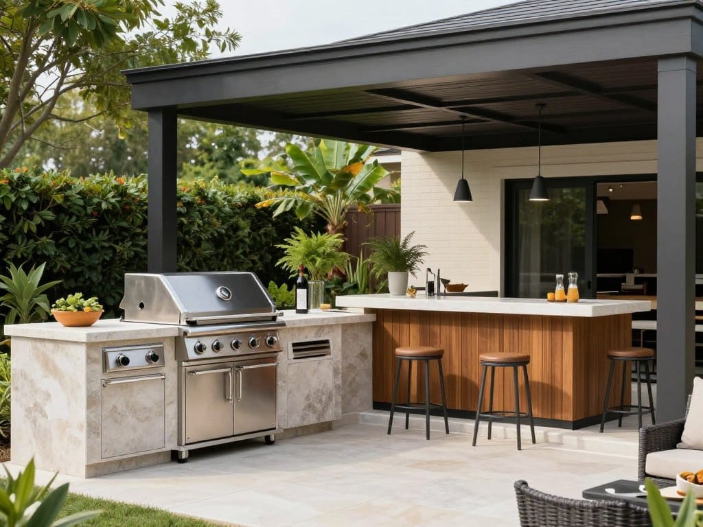 A luxury outdoor kitchen design with a built-in stainless steel grill, stone countertops, and a bar area under a modern pavilion.