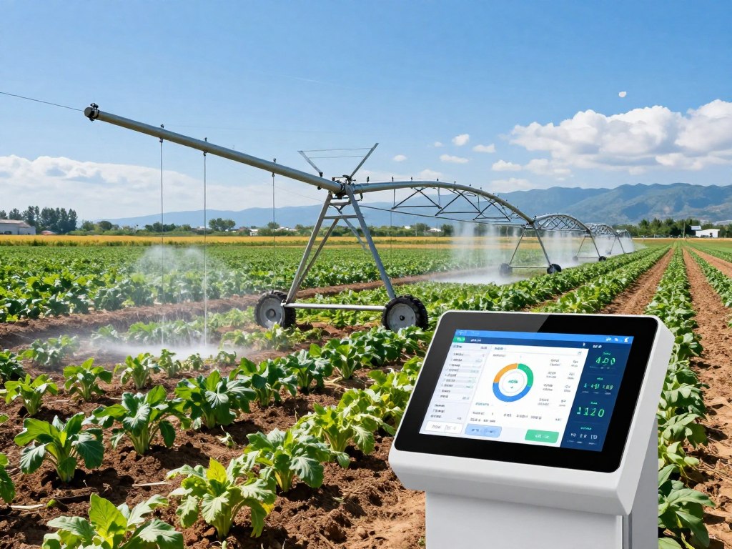 A modern commercial irrigation system in action, showcasing advanced smart technology. In the foreground, a control panel displays real-time data and analytics, while sensors monitor moisture levels in vibrant soil. The middle ground features lush, healthy vegetation and well-watered crops, illustrating the efficiency of the irrigation system. Background elements include a scenic view of a commercial landscape, with a clear blue sky and distant mountains under bright sunlight. The scene is illuminated with natural lighting, creating a fresh, optimistic mood. The angle should be slightly elevated, providing a comprehensive view of the irrigation setup working seamlessly in its environment. The overall atmosphere conveys innovation and financial wisdom, emphasizing the importance of smart irrigation investment.