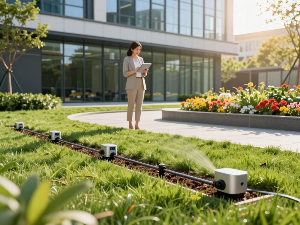 A modern commercial property showcasing advanced smart irrigation technology in action. In the foreground, sleek soil moisture sensors and automated drip irrigation lines are integrated into well-maintained lush green landscaping. In the middle ground, a professional businesswoman in modest casual attire examines data on a tablet, standing beside a beautifully designed flower bed that displays vibrant blooms, demonstrating effective water conservation. The background features a modern office building with large glass windows reflecting sunlight, creating a bright and inviting atmosphere. The lighting is warm and natural, suggesting a sunny day. The angle is slightly elevated to capture the entire scene, emphasizing the harmonious blend of technology and nature while conveying a sense of innovation and sustainability.