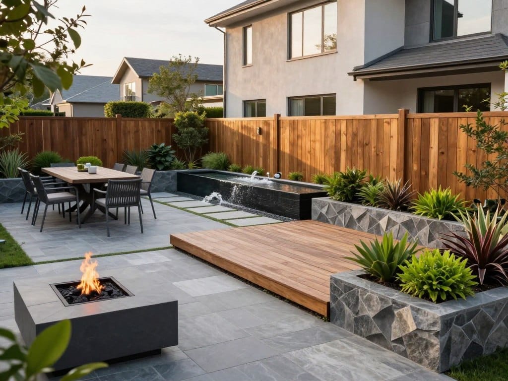 A modern yard showcasing durable hardscape features, including a sleek stone patio and a raised wooden deck, surrounded by geometric stone planters filled with vibrant greenery. In the foreground, a stylish fire pit enhances the gathering space, while an outdoor dining area with elegant furniture sits adjacent. The middle ground features a low wooden fence and a pathway of large flagstones, leading to a beautiful water feature that gently bubbles. In the background, a contemporary house with large windows reflects soft afternoon sunlight, illuminating the rich textures of the materials used. The setting exudes a tranquil, inviting atmosphere, perfect for relaxation and social gatherings. Shot in natural lighting with a wide-angle lens to capture the expansive feel of the yard.