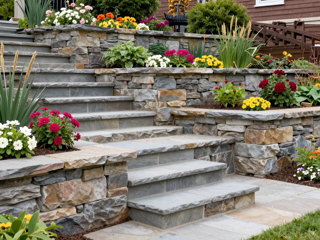 A multi-level garden featuring structural retaining walls made of natural New England fieldstone, integrated with stone steps and colorful perennials, clear daylight, professional architectural photography.