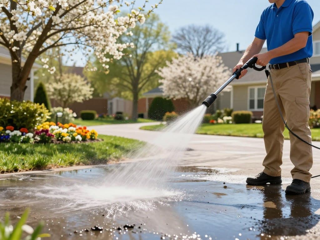 A professional driveway pressure washing scene in spring, featuring a well-maintained residential driveway surrounded by blooming flowers and lush green grass. In the foreground, a worker in a blue polo and khaki pants uses a high-pressure washer, creating a fine mist that glimmers in the bright sunlight. The focus is on the shiny, clean pavement as dirt and grime are washed away. In the middle ground, a few colorful flowerbeds frame the driveway, enhancing the spring atmosphere. In the background, trees with fresh leaves sway gently in the breeze under a clear blue sky. The composition reflects a vibrant, clean energy, ideal for showcasing the benefits of seasonal driveway maintenance. The angle captures both the action of the washing and the beauty of the surrounding spring scenery.