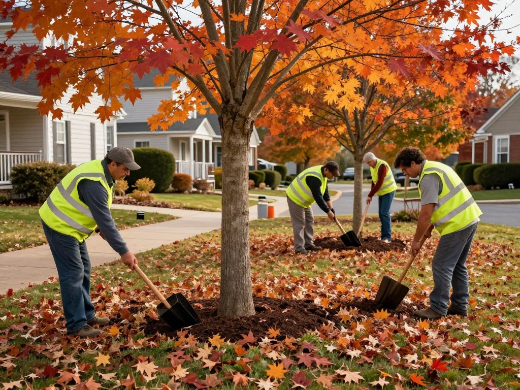 A professional landscape crew in high-visibility vests planting deciduous trees and spreading mulch in a residential yard during autumn, colorful orange and red leaves on the ground, soft afternoon sunlight, high detail.