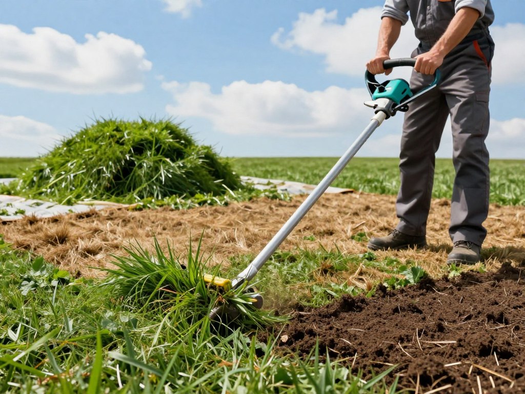 A professional lawn removal process scene centered around a well-manicured yard. In the foreground, a landscape technician in smart casual attire uses a power sod cutter to efficiently strip away old grass and weeds. In the middle ground, a pile of removed grass sits on a tarpaulin, showcasing rich green blades contrasted with brown, dried-out layers. A large, recently dethatched patch of soil reveals dark earth ready for new seeding. In the background, a bright blue sky with soft white clouds enhances the fresh, clean atmosphere of the scene. Soft lighting illuminates the technician’s focused expression, emphasizing a sense of professionalism and expertise. The angle captures the action dynamically, providing depth and context to the renovation process.