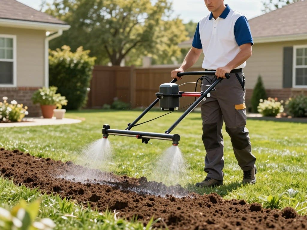 A professional lawn technician using a walk-behind broadcast spreader to apply granular starter fertilizer to a freshly prepared soil bed in a sunny residential backyard, high-quality landscaping, realistic style.