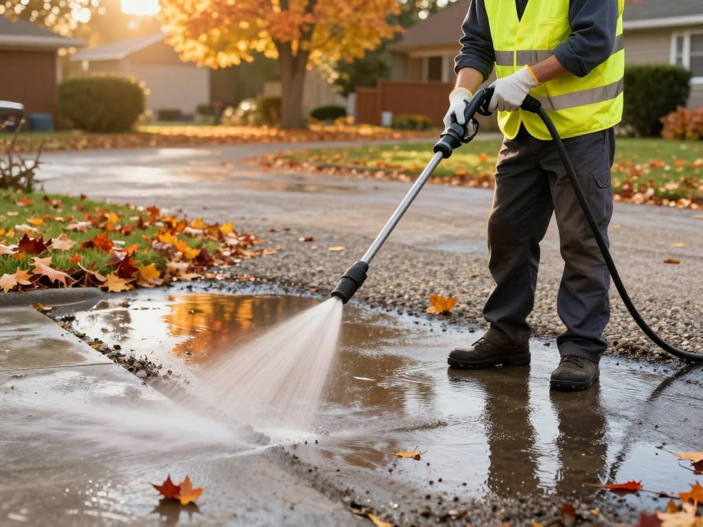 A professional pressure washer at work, wearing a bright yellow safety vest and gloves, stands on a clean, gravel driveway surrounded by autumn foliage. In the foreground, the pressure washing wand releases a fine mist of water onto a concrete surface, highlighting streaks of dirt and grime being effectively removed. The middle ground features vibrant fall leaves scattered around, casting colorful reflections in the water. In the background, soft sunlight filters through the trees, creating a warm and inviting atmosphere. The angle captures the action from slightly above, emphasizing the task's importance and urgency in seasonal maintenance. Warm lighting enhances the scene, conveying productivity and professionalism, ideal for illustrating the significance of timing in driveway maintenance.