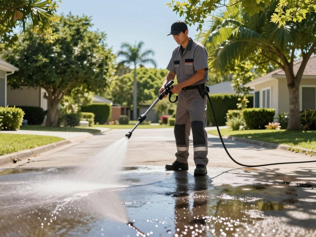 A professional pressure washer in a stylish, modest uniform is actively cleaning a driveway on a sunny summer day. In the foreground, the bright, glistening surface of the driveway showcases the transformation from grime to clean. In the middle, the worker is using a high-powered pressure washer, with spray jets creating sparkling droplets reflecting sunlight. In the background, lush green trees sway gently under a clear blue sky, casting dappled shadows on the driveway. The scene is vibrant, capturing the warmth of summer, with bright, vivid colors and sharp contrasts. The sunlight bathes everything in a warm glow, evoking a sense of productivity and satisfaction on a perfect summer day. The camera angle is slightly elevated, providing a clear view of the worker and the pristine driveway.