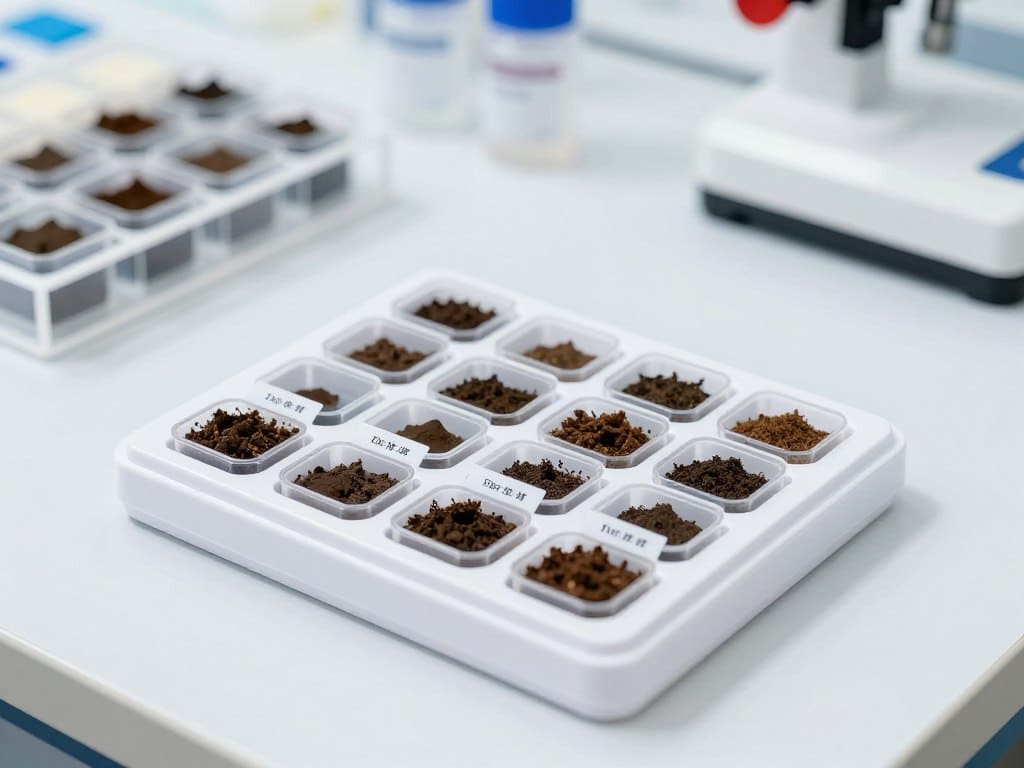 A professional soil test kit with samples of dirt in small containers ready for laboratory analysis.