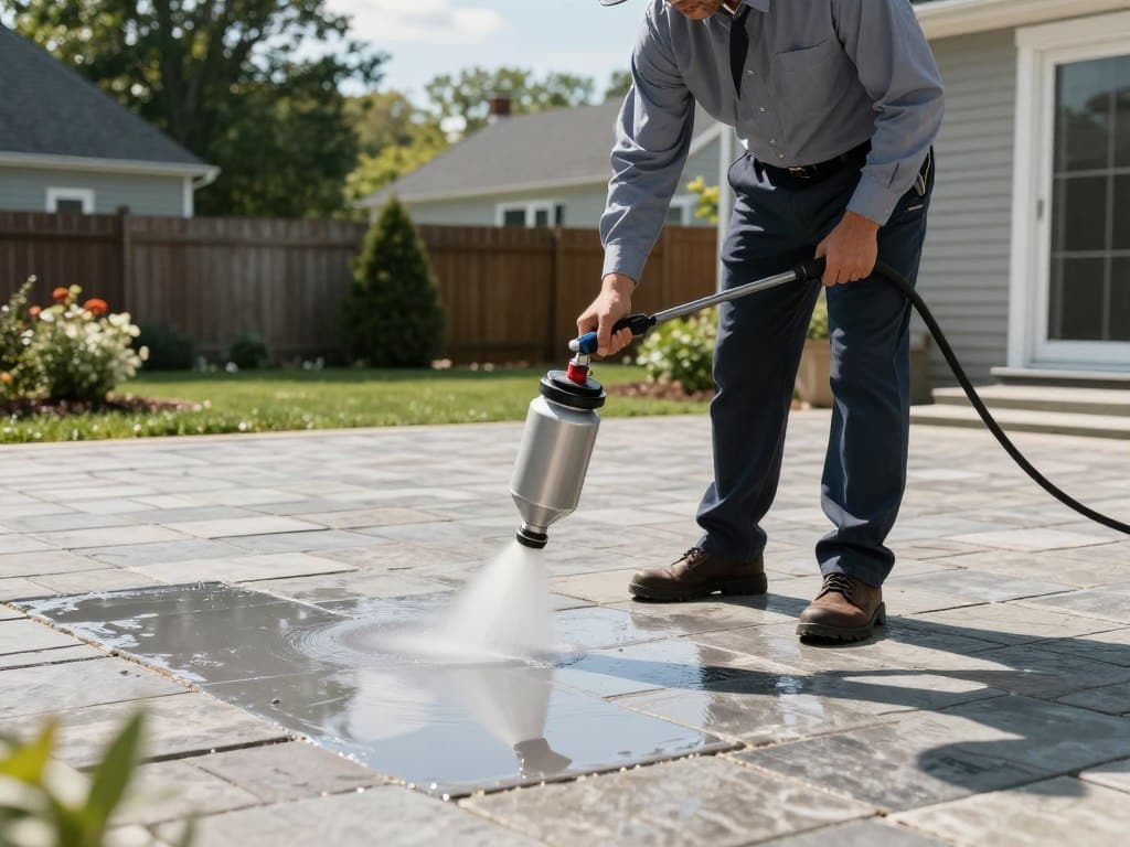A professional technician using commercial-grade spraying equipment to apply a clear protective coating to a large stone paver patio in a Ludlow, Massachusetts backyard during a bright, clear day.