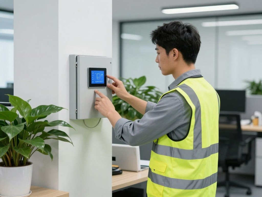 A professional worker in a high-visibility vest adjusting a digital smart control panel for commercial irrigation maintenance programs in a modern office park setting.