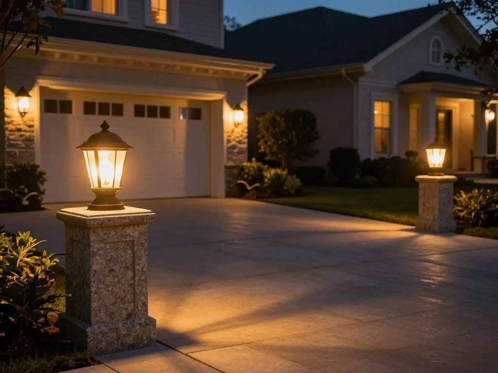 A residential driveway and walkway illuminated at night by granite lamp posts with a warm golden glow, showcasing the home's architecture, soft shadows, high-end atmosphere.